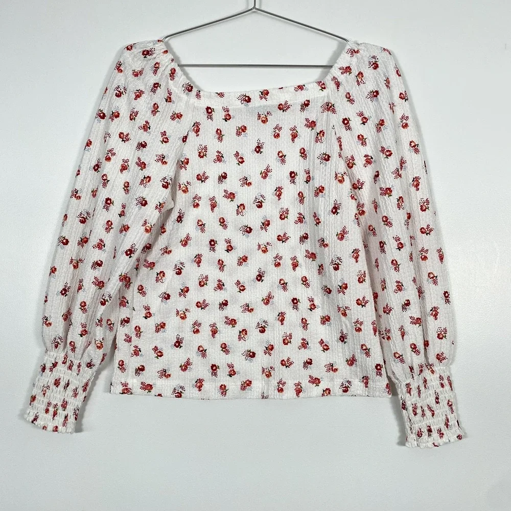 LOFT Shirt Womens Medium White Floral Smocked Square Neck Puff Sleeve Top Cottag